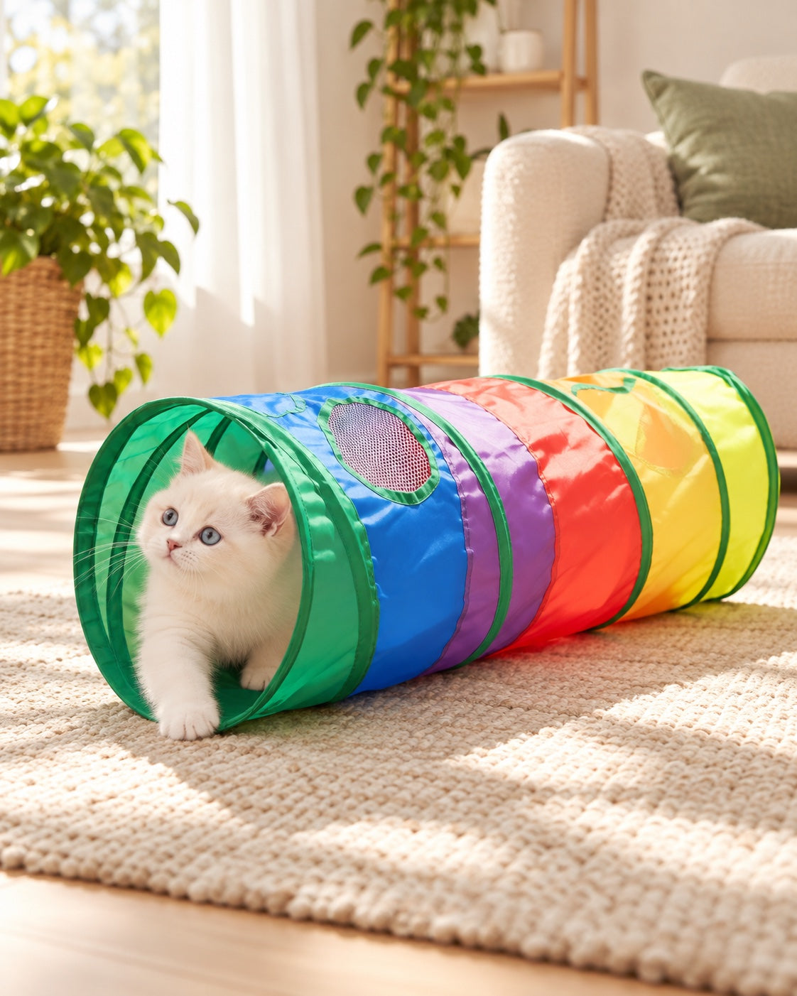 AI concept of a cream kitten playing inside a colorful cat tunnel