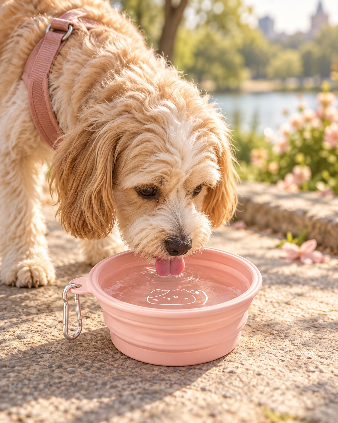 AI concept of a small dog drinking from a pink collapsible travel bowl outside