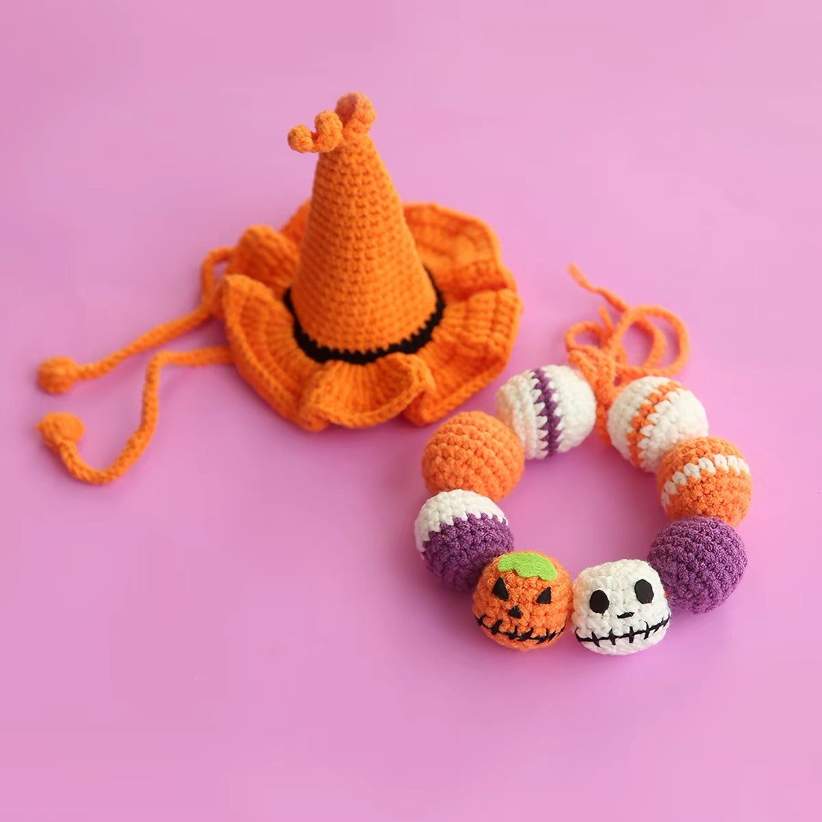 Handmade Halloween Pet Hat & Collar Set – 4 Pieces