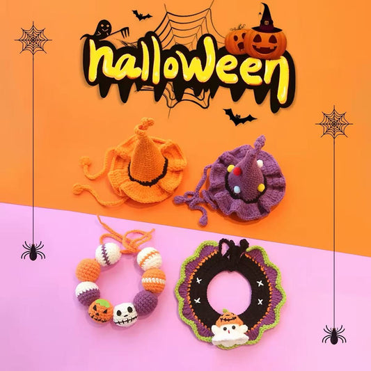 Handmade Halloween Pet Hat & Collar Set – 4 Pieces