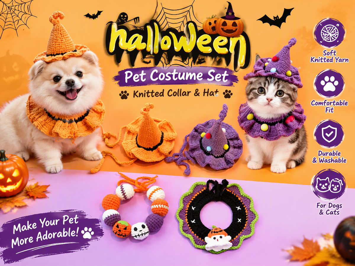 Handmade Halloween Pet Hat & Collar Set – 4 Pieces