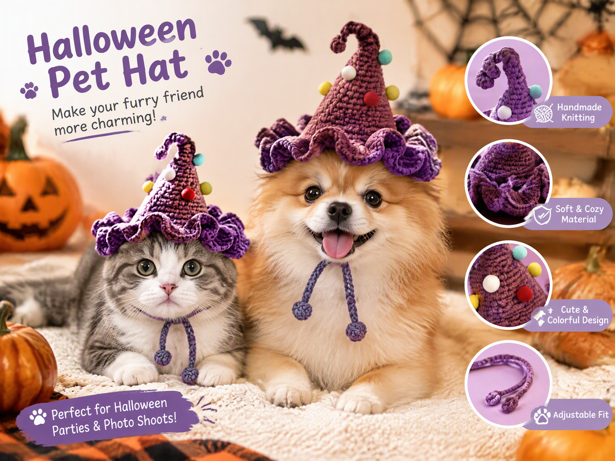 Handmade Halloween Pet Hat & Collar Set – 4 Pieces