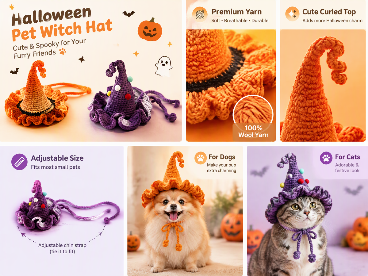 Handmade Halloween Pet Hat & Collar Set – 4 Pieces