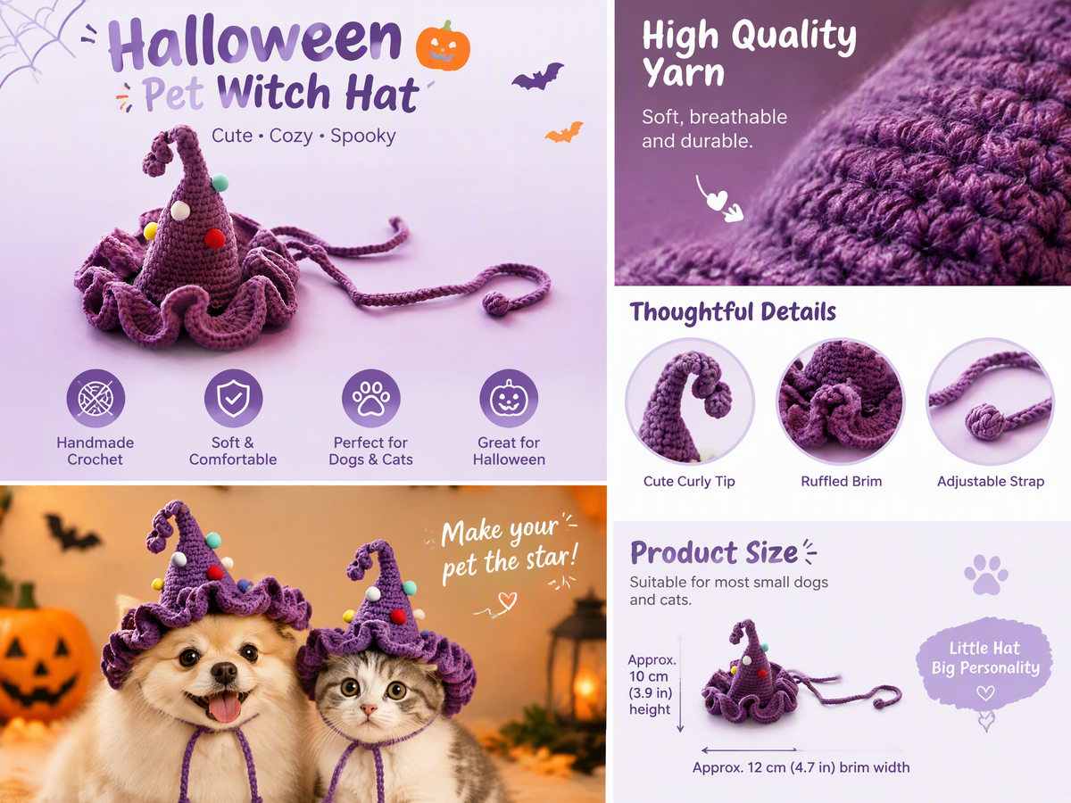 Handmade Halloween Pet Hat & Collar Set – 4 Pieces