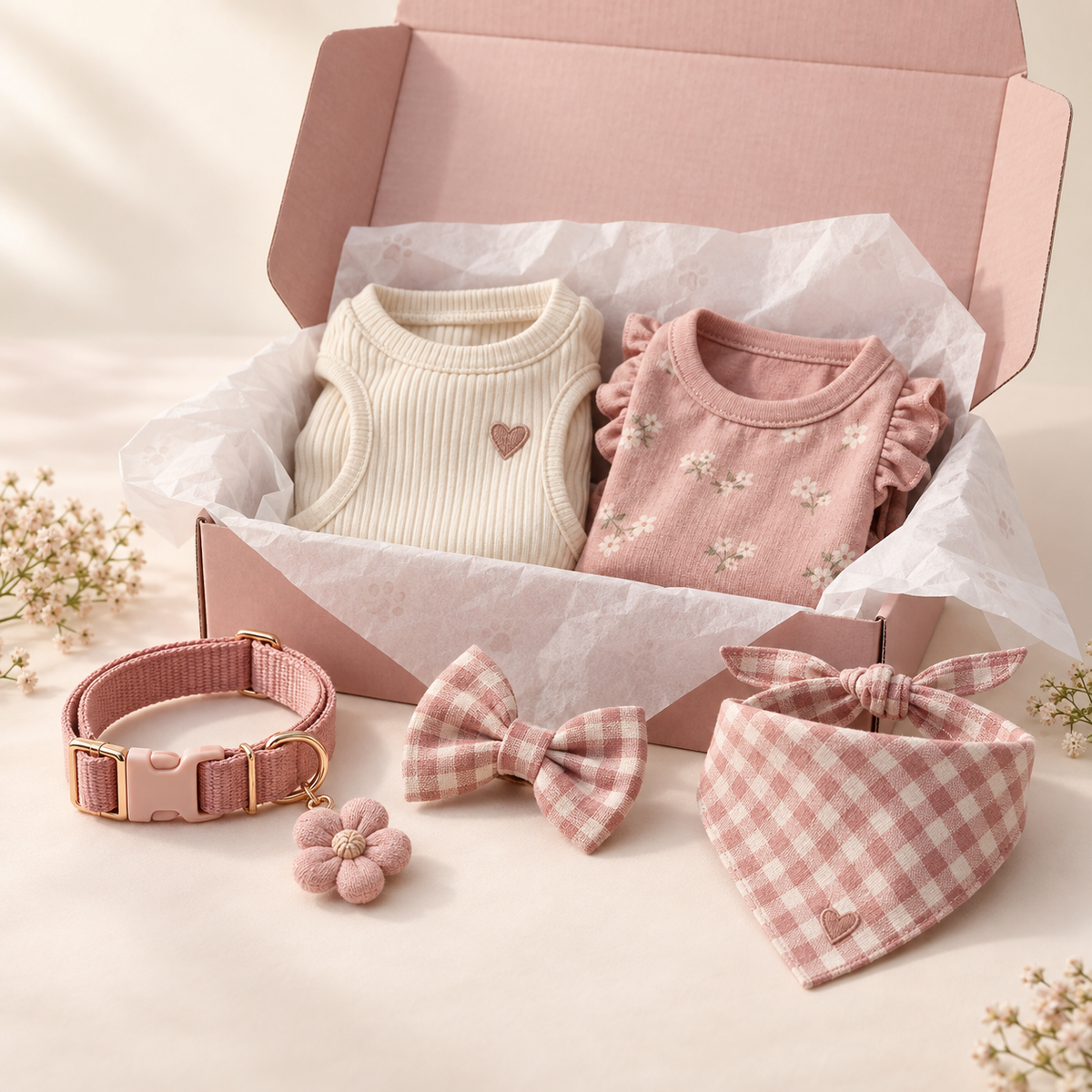 Illustrative medium pet mystery box with collar, outfit and accessories; contents vary