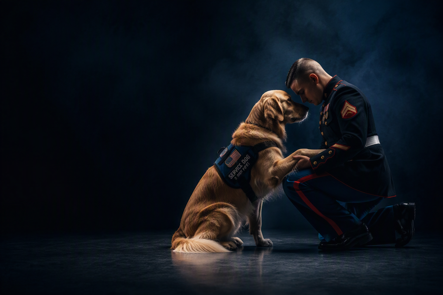 A service dog sharing a quiet moment of trust with a military handler