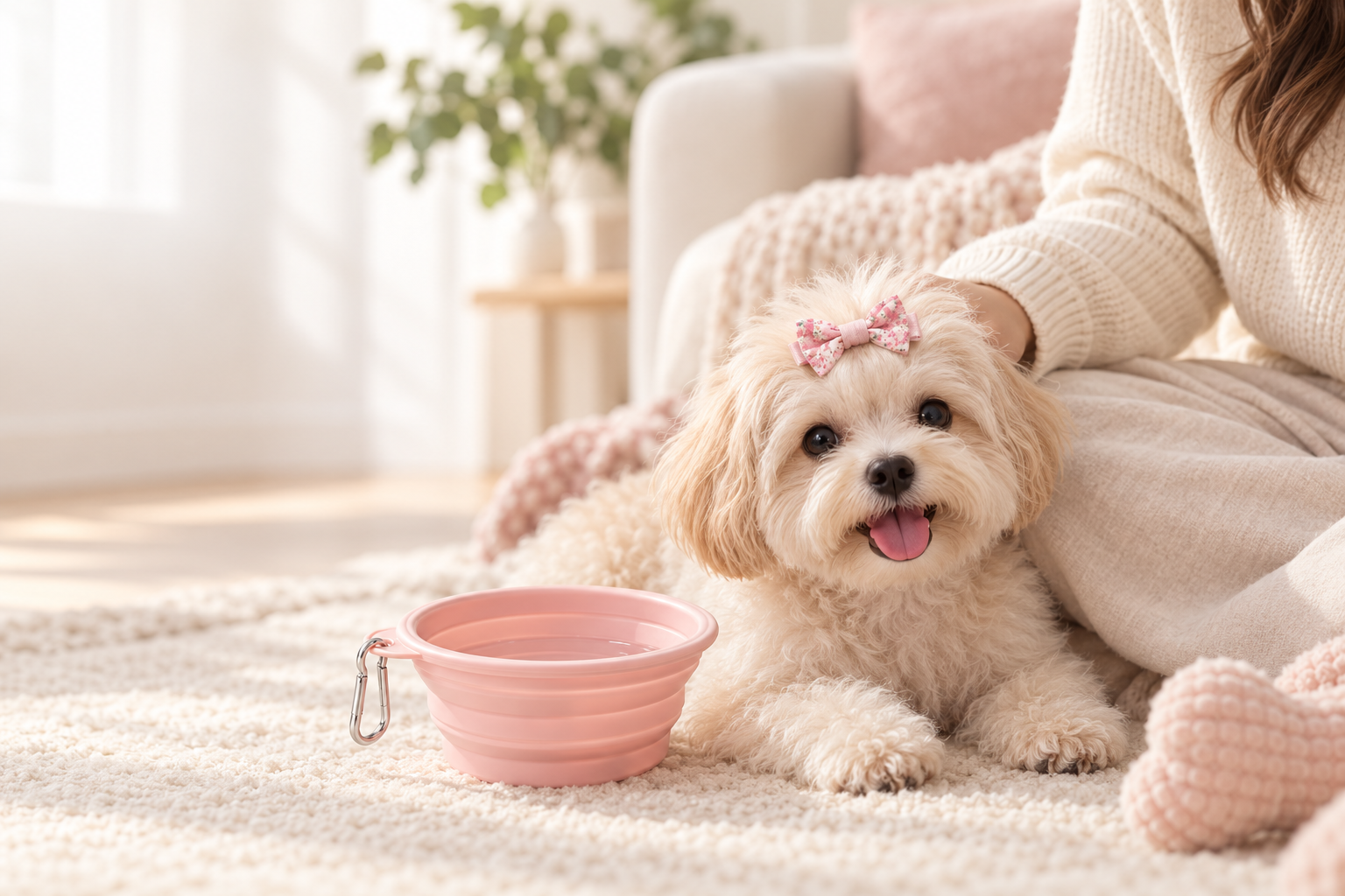AI lifestyle concept of a cream dog wearing a pink floral hair clip beside a pink collapsible travel bowl