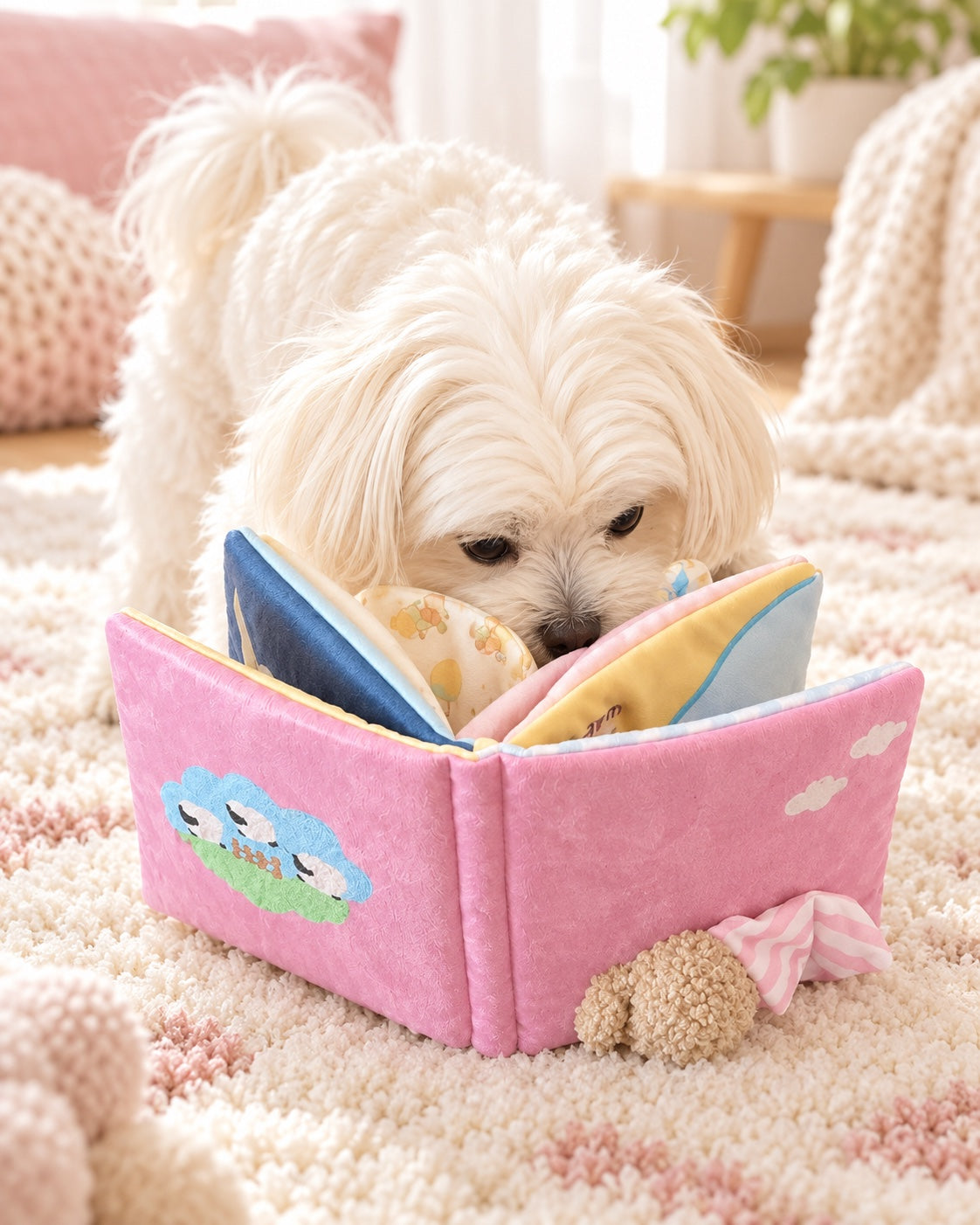 AI concept of a cream dog sniffing an open pink fabric snuffle book