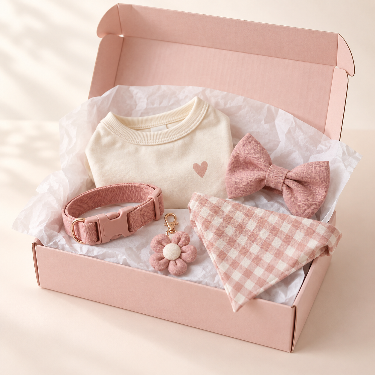 Small pink pet mystery box with illustrative collar, clothing and fabric accessories